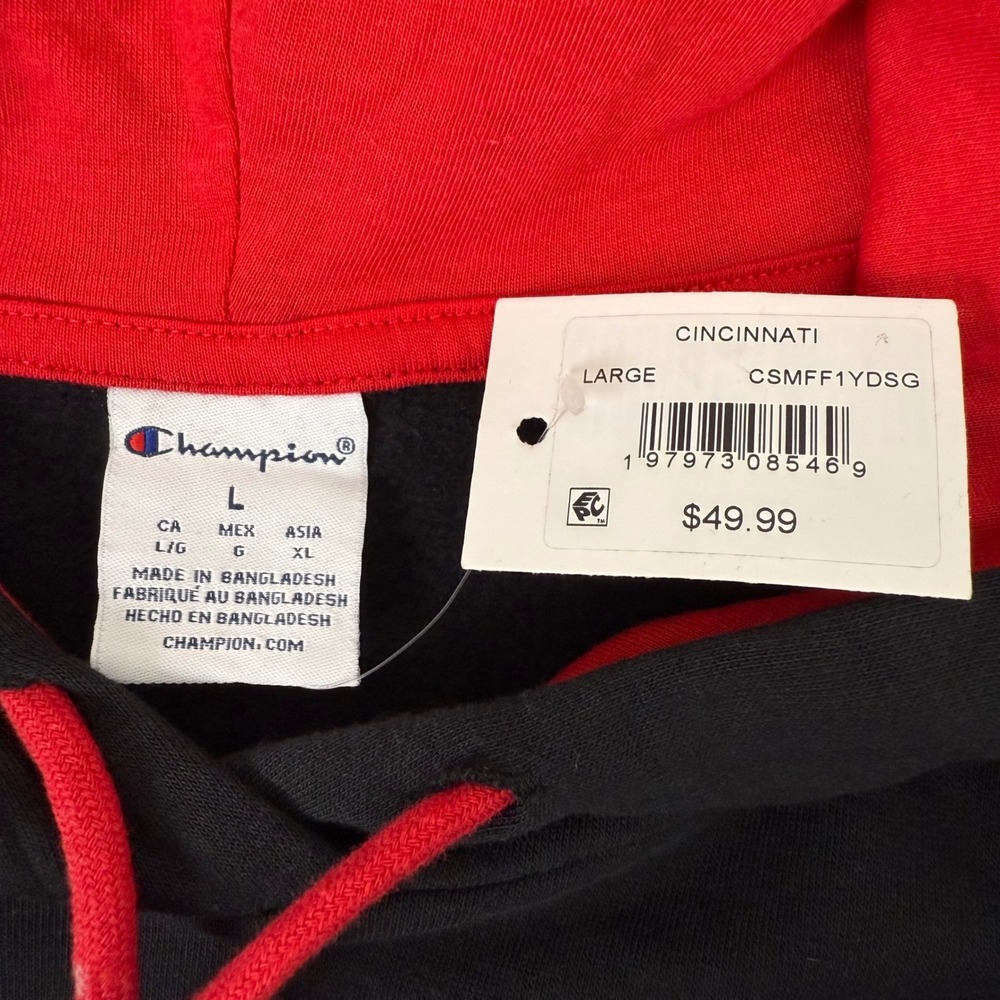 Champion Cincinnati Bearcats Black Red Hooded Sweatshirt Hoodie Mens Size L‎ - Picture 6 of 8